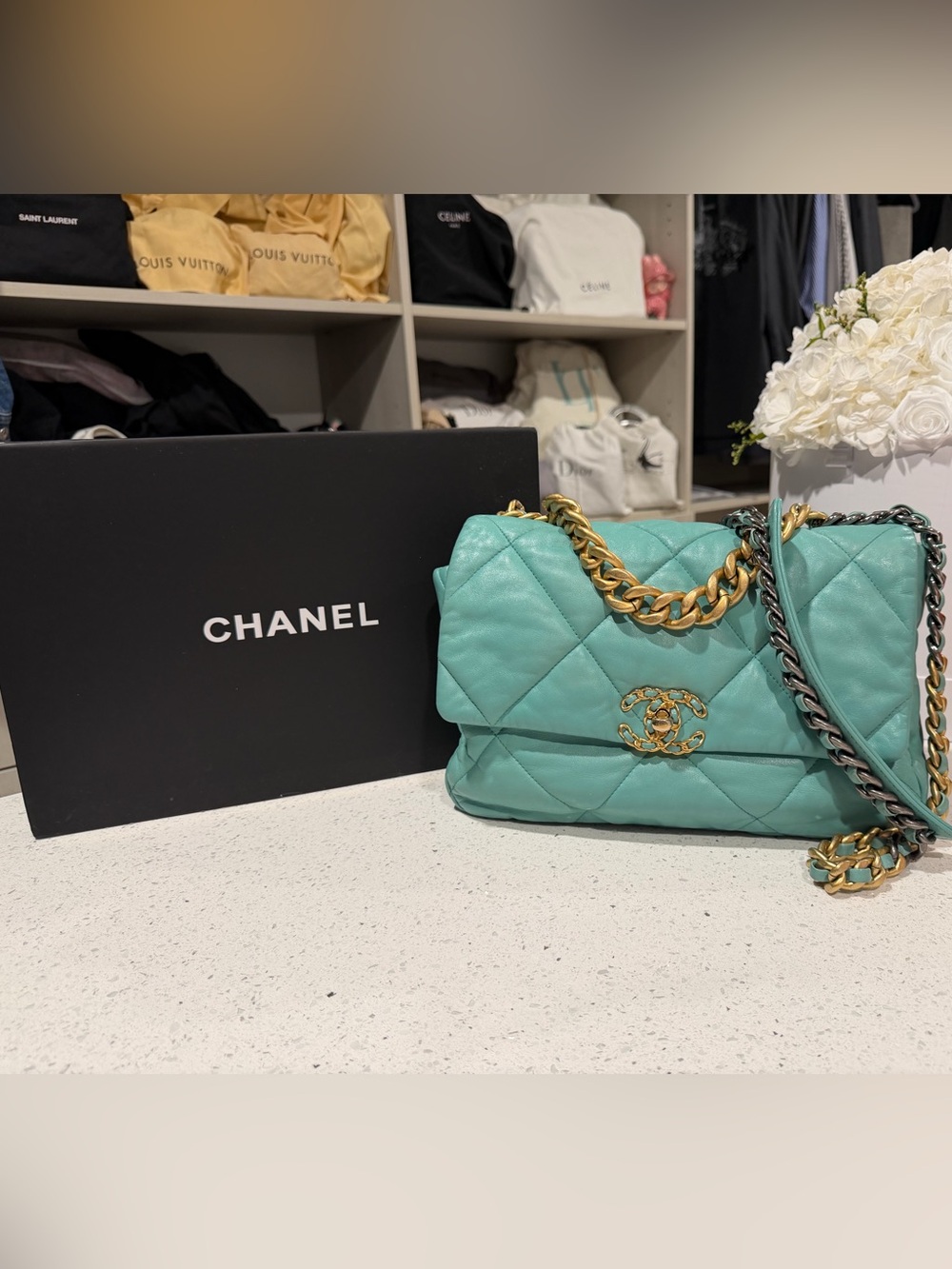 Chanel 19 in Turquoise Large size with multi metal chain